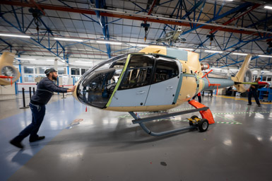 Airbus Helicopters, Marignane (Bouches-du-Rhône - France) 2022  <br><br>  A l’arrière de ce modèle H130, on remarque le « fenestron », un marqueur des hélicoptères Airbus. Le rotor ainsi caréné renforce la sécurité autour de l’appareil. Après six mois de montage, l’engin est presque fini. Pour être mis en service, il doit encore passer par le contrôle qualité, les tests avec les pilotes d’essais et un vol d’acceptance avec le client. <br><br>*****<br><br>At the rear of this H130 model, the “fenestron“, a hallmark of Airbus helicopters, stands out. The rotor is shaped in this way to increase safety around the aircraft. After six months of assembly, the aircraft is almost finished. Before it can be put into service, it still has to go through quality control, tests with test pilots and an acceptance flight with the customer.